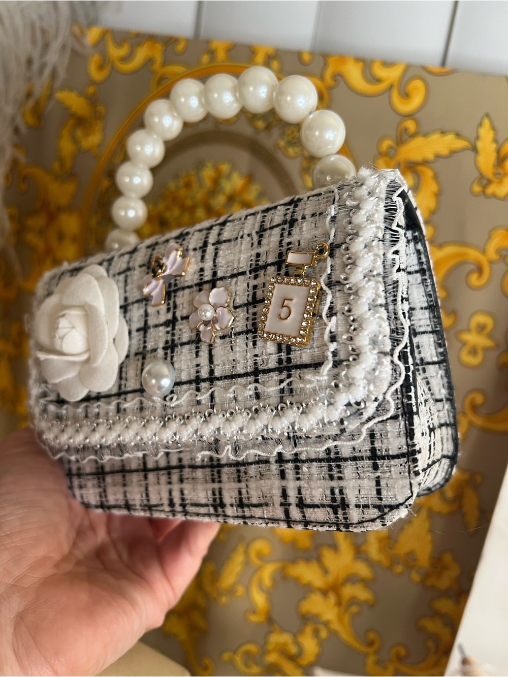 Top Handle pearl white black tweed lace Camellia flower mini bag purse n5 - Picture 3 of 13
